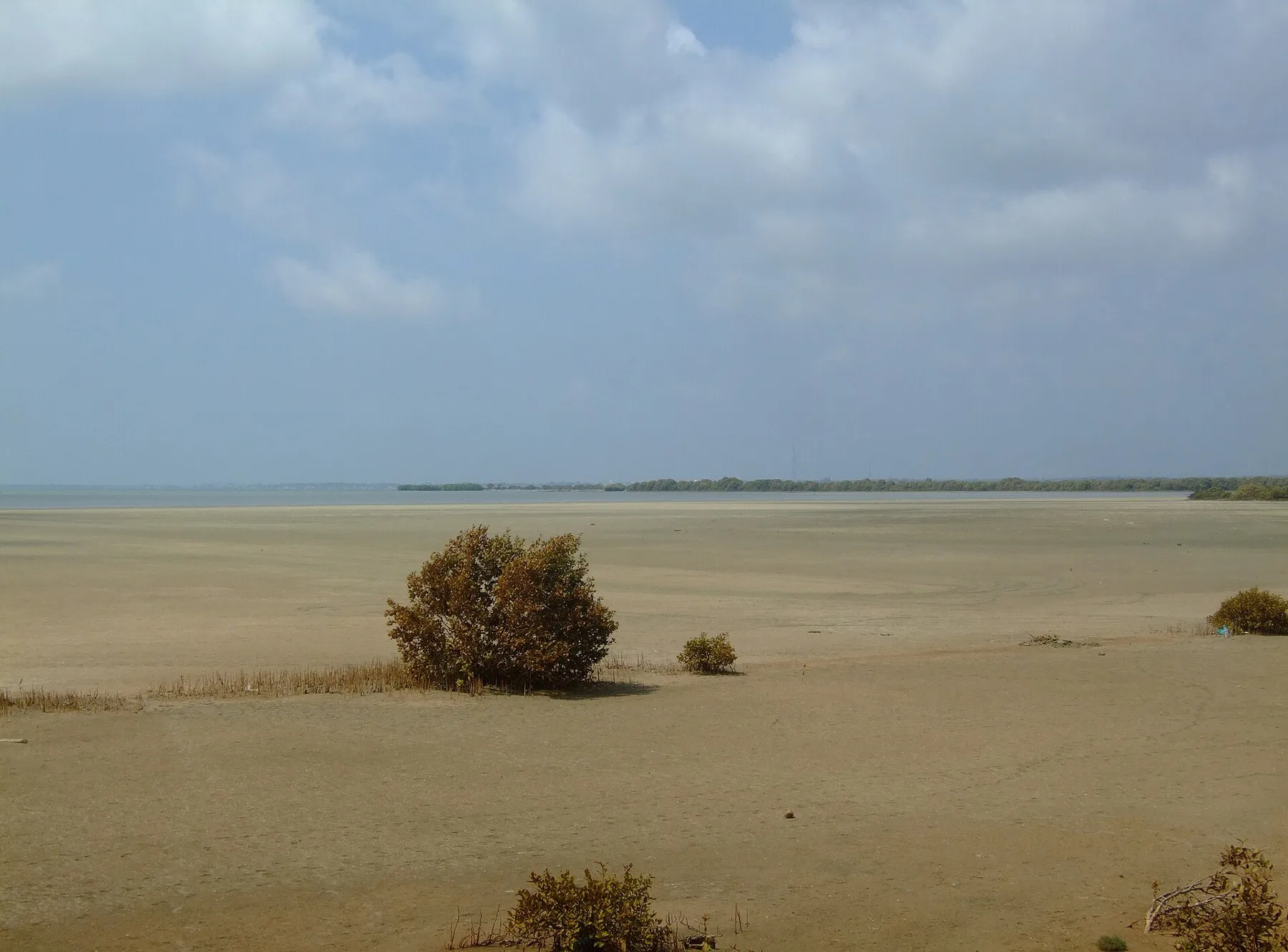 The wide, calm water of Puttalam Lagoon under a cloudy sky, seen from a low shore.
